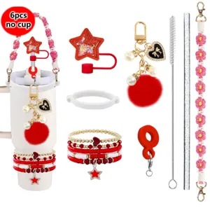 Bohemian Cup Chain Set Star Straw Cover Pearl Pompom Pendant Silicone Cup Sleeve Fashion Drinkware Accessories