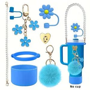 Ensemble de bottes de tasse en silicone bleu chaîne de perles porte-clés fleur accessoires