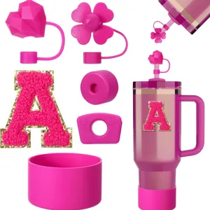 Pink tumbler accessories set with silicone straw covers letter patch cup boot for daily use