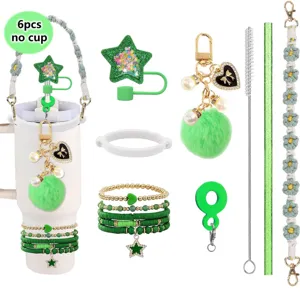 Bohemian Tumbler Strap Charm Set with Pearl Pompom and Star Straw Cover for Cups