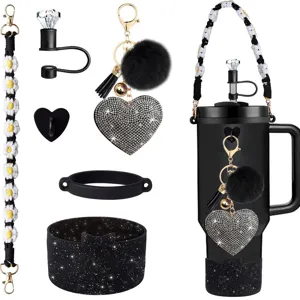 Daisy crochet tumbler strap with rhinestone heart keychain and diamond straw cover accessory set