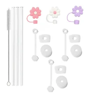 Set 16 accessori per bicchiere in silicone tappo antigoccia cannuccia in vetro