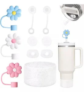 Ensemble d accessoires pour tasses avec embouts de paille fleurs et bouchons en silicone.