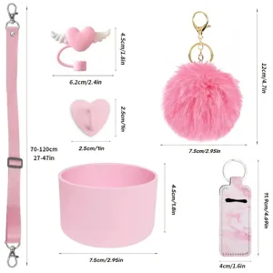Ensemble d'accessoires rose pour tasse Stanley avec sangle manchon en silicone et porte-clés pompon.