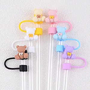 Reusable 10mm silicone bear straw cover and dust plug accessories for Stanley cups.