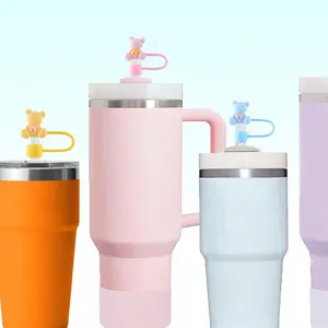 Stainless steel insulated tumbler with cute bear straw cover and comfortable handle mug