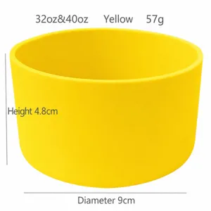 Silicone water bottle boot protective sleeve detail shot, 9cm diameter, yellow color.