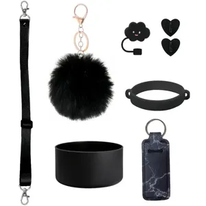 Ensemble d'accessoires de gourde noir sangle botte paille pompon porte-clés détails