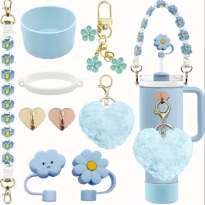 Stanley Becher Zubehör Set süße blaue Blumen Anhänger Plüsch Herz Schlüsselanhänger Trinkhalm
