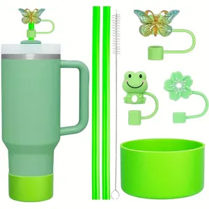 Ensemble d'accessoires de tasse verts avec couvercles de paille mignons et botte en silicone.