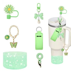 Silicone straw cover bow pendant cup chain and sleeve set for Stanley cup accessories green.