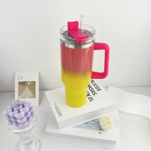 40oz stainless steel tumbler with handle and straw, gradient red yellow travel mug.