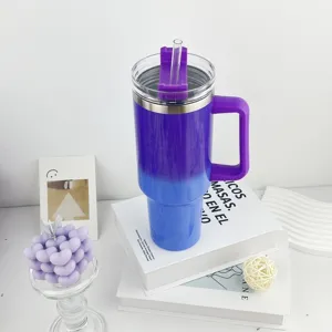 40oz stainless steel vacuum insulated tumbler with handle and straw in purple gradient.