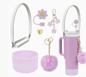 Silicone cup sleeve, strap and cute flower plush keychain accessories set for tumblers.