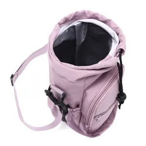 Purple drawstring water bottle bag, outdoor sports waterproof pouch with zipper pocket, detail view.