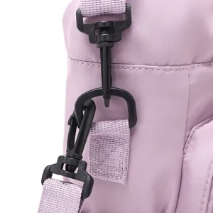 Close-up view of purple bag strap buckle detail, durable nylon material and sturdy black hardware.