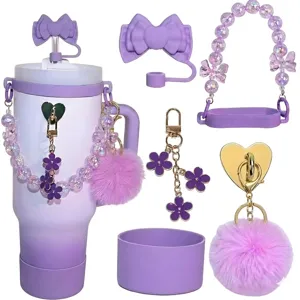Purple tumbler cup accessories set with bow straw cover beaded chain pompom keychain
