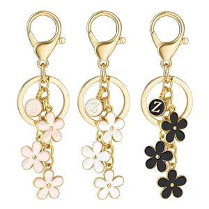 Gold initial letter Z flower keychain charm cute enamel cherry blossom bag pendant accessories