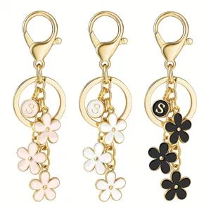 Gold initial letter S flower keychains set of three chic bag charms and car key accessories