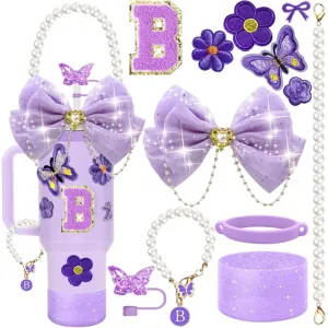 Lila Tumbler Zubehör Set kompatibel mit 40oz Bechern, mit Schleifen, Patches und Ketten.