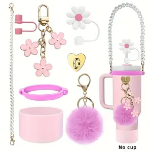 Ensemble d'accessoires de tasse rose chaîne perle paille marguerite couvercle botte silicone pompon.
