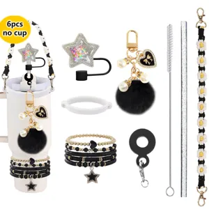 Boho tumbler accessories set with cup strap straw cover pearl keychain bracelets 6pcs