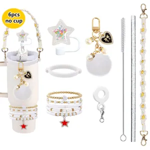 Detailed view of bohemian tumbler accessories set, featuring beaded strap, cute charms and straw.