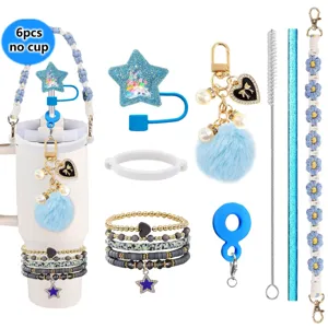 Bohemian tumbler accessories set cup strap straw cover pearl pompom keychain 6pcs