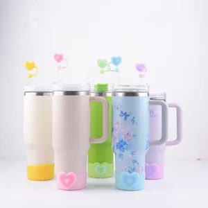 Stainless steel insulated tumbler with handle silicone boot and cute heart straw cover cup set