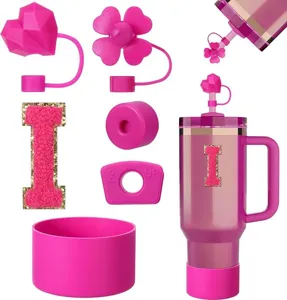 Silicone tumbler accessories set including cute straw covers, protective boot, and charms.