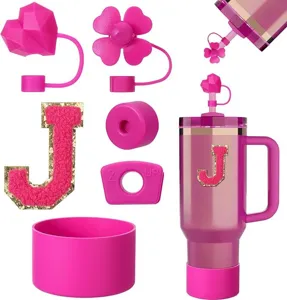 Pink Stanley tumbler accessories set silicone straw cover letter J patch cup boot cute