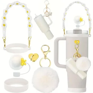 Set cinturino tazza margherita Stanley ciondolo simpatico pon pon bianco portachiavi paglia