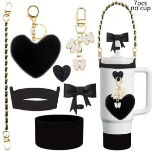 7pcs black gold tumbler accessories set with chain heart plush butterfly charm and cup boot