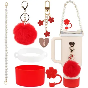 Cadena de Perlas Bolso Colgante de Bola de Peluche Tapa de Pajita de Silicona Correa de Taza Juego de Accesorios para Botella de Agua