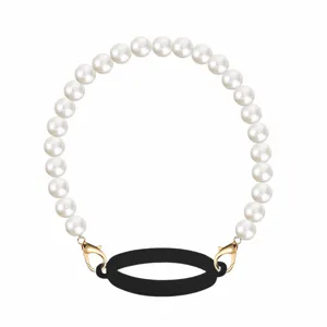 Pearl cup strap detail showing golden lobster clasps and black silicone ring connector.
