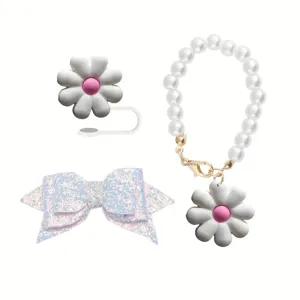 Stanley cup accessory set glitter bow daisy straw topper and pearl charm for cute decor