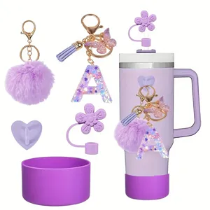 Tumbler Accessories Set Resin Letter Butterfly Keychain Pompom Flower Straw Cover Cup Boot 5-Piece Set
