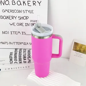 40oz stainless steel insulated tumbler with handle and straw large capacity pink travel mug