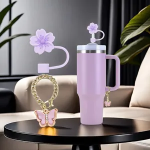 Silicone Straw Cover And Rhinestone Butterfly Chain Set Cute Flower Straw Topper Cup Decorative Accessories