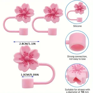 Pink cherry blossom silicone straw topper cover cute accessory for 10mm cup straws