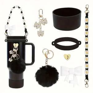 Tumbler accessories set black cup sleeve daisy strap plush pompom charm bow set