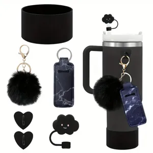 Tumbler accessories set including silicone boot, fluffy pom pom and cute straw cover.