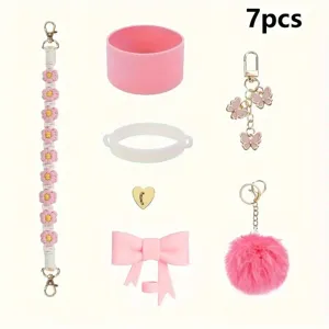 Stanley cup accessories set 7pcs with woven flower chain pink silicone boot and cute pom-pom
