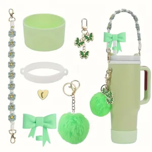 Tumbler accessories set including braided flower chain, plush pom pom ball and cute green bows.