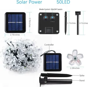 Guirlande lumineuse solaire 50 LED fleurs de cerisier extérieur étanche décoration jardin.