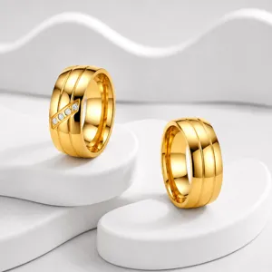 8mm wide stainless steel gold couple ring with double grooves and sparkling cubic zirconia stones