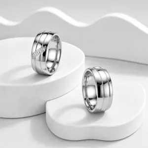 8mm wide stainless steel couple rings with double grooves and sparkling zircon stones for daily wear