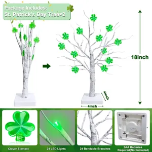 Detailansicht des 46cm St. Patrick's Day Birken-Baumlichts mit 24 grünen LED-Kleeblättern.