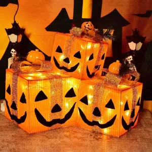 Halloween Leuchtende Kürbis Geschenkbox Set LED Beleuchtet Eisenkunst Dekorative Ornamente Für Festival Party Heimdekoration