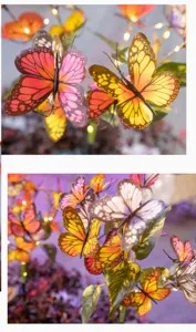 Außen Solar Schmetterling LED Gartenstecker Licht Detail Nahaufnahme bunte Flügel.